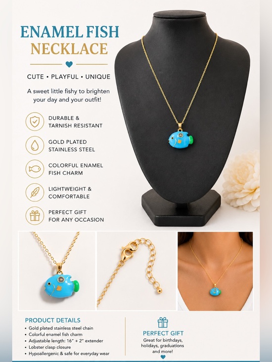 Unbranded Jewelry - Blue Enamel Fish Pendant Necklace on Gold Plated Stainless Steel Chain New